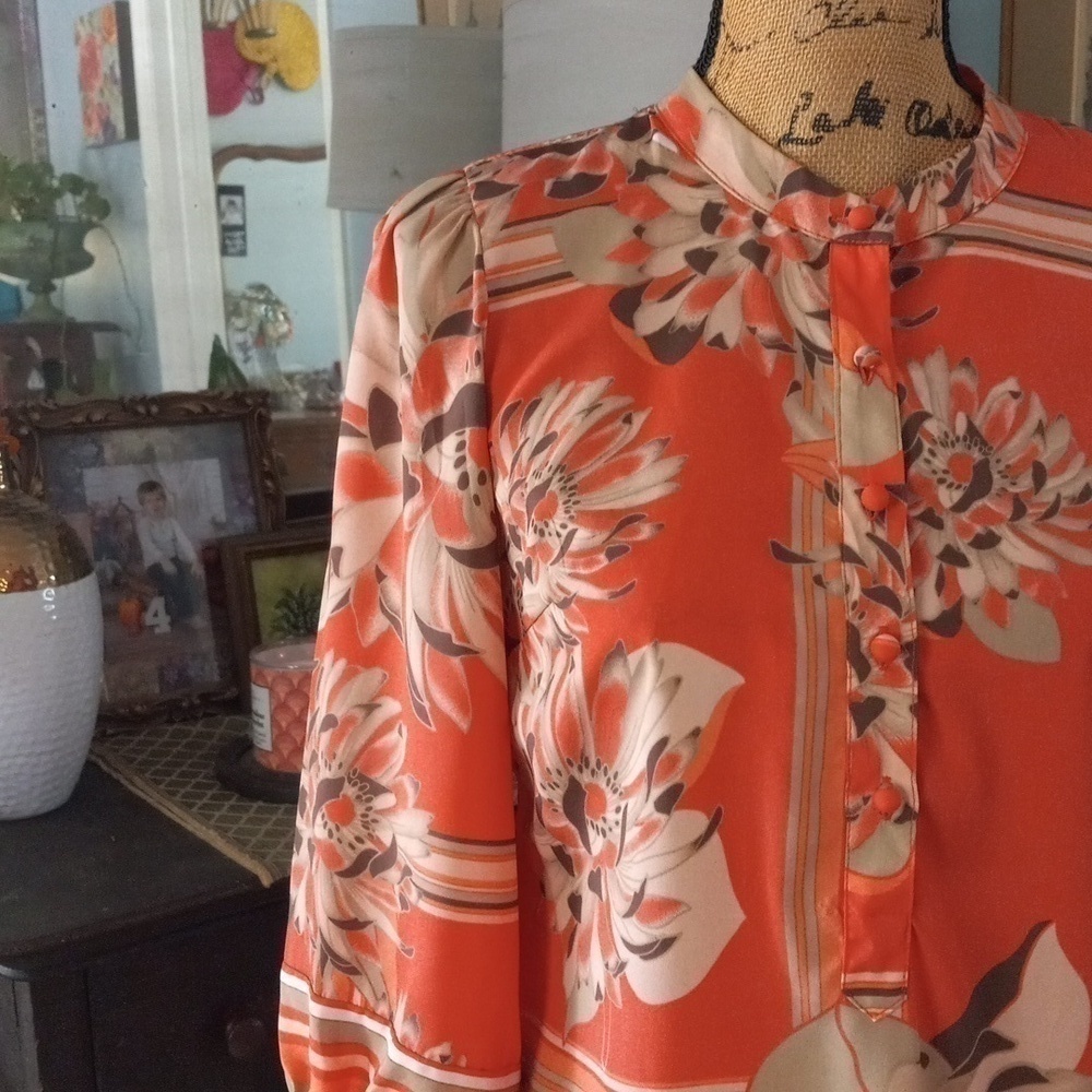 New York & Company Coral  Multicolored Floral Print Mock Neck Tunic Blouse